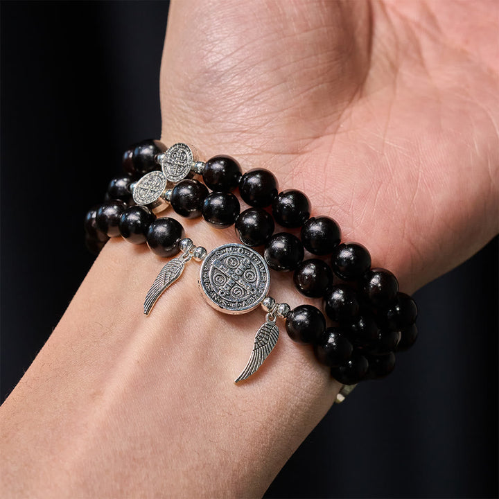 Miraculous Medal & Angel Wing Blood SandalWood Bead Bracelet