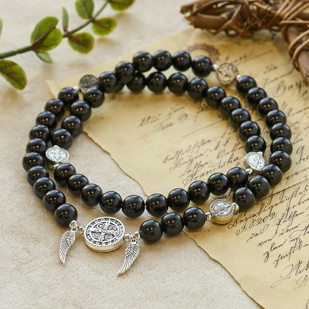 Miraculous Medal & Angel Wing Blood SandalWood Bead Bracelet
