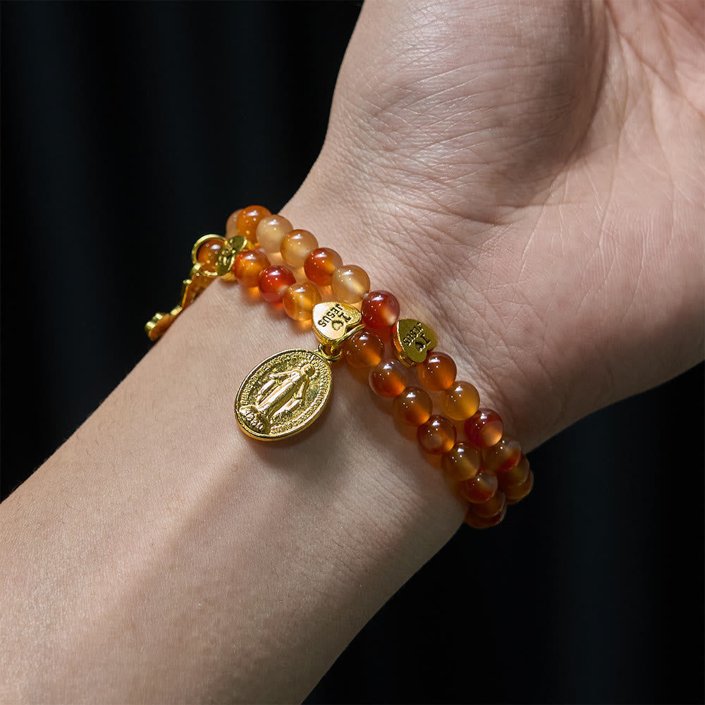 Warm Caramel Rosary Bracelet with JESUS Accent & Our Lady Faith Companion