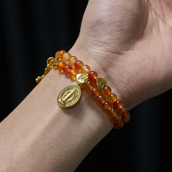 Warm Caramel Rosary Bracelet with JESUS Accent & Our Lady Faith Companion
