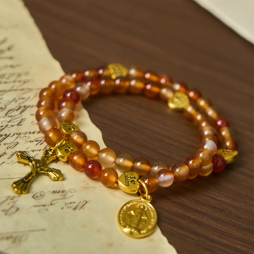 Warm Caramel Rosary Bracelet with JESUS Accent & Our Lady Faith Companion