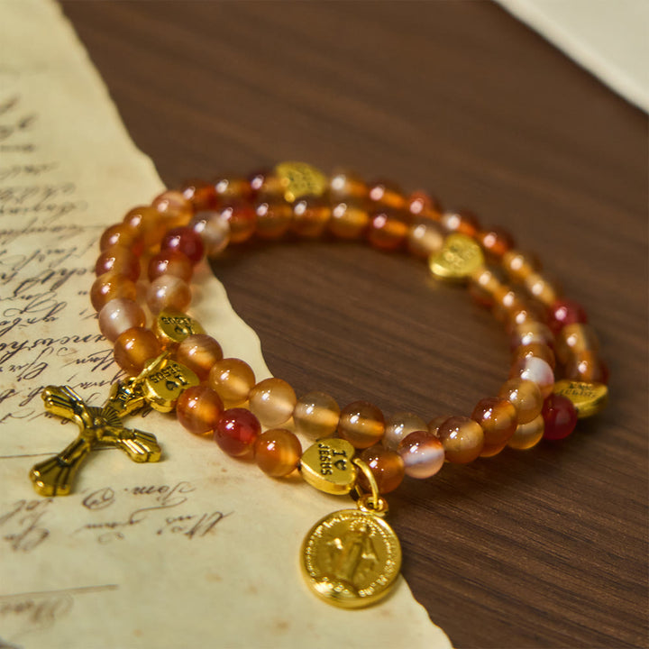 Warm Caramel Rosary Bracelet with JESUS Accent & Our Lady Faith Companion