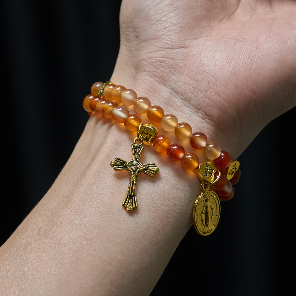 Warm Caramel Rosary Bracelet with JESUS Accent & Our Lady Faith Companion
