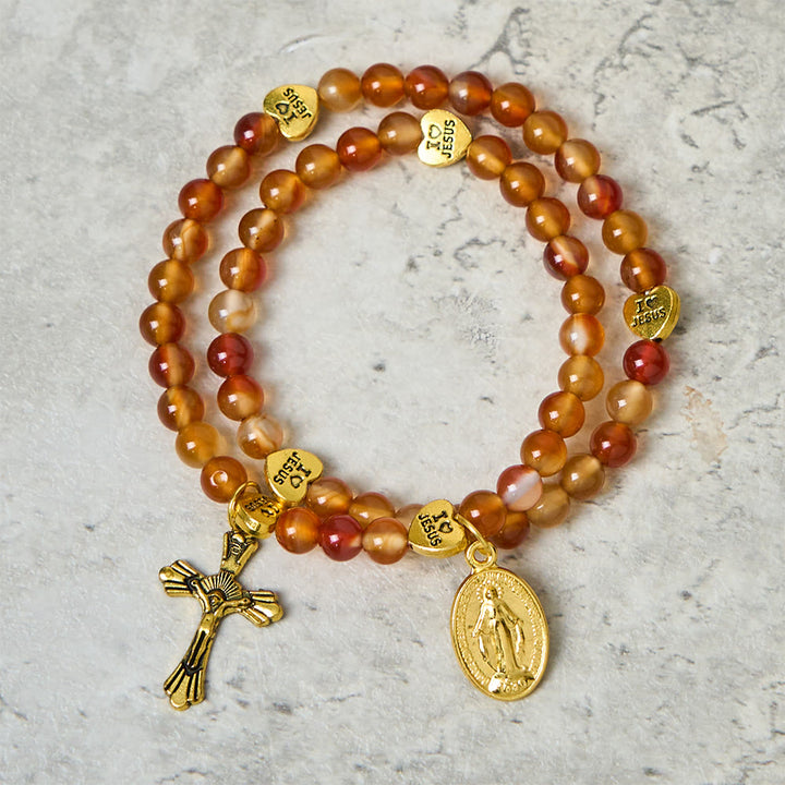 Warm Caramel Rosary Bracelet with JESUS Accent & Our Lady Faith Companion