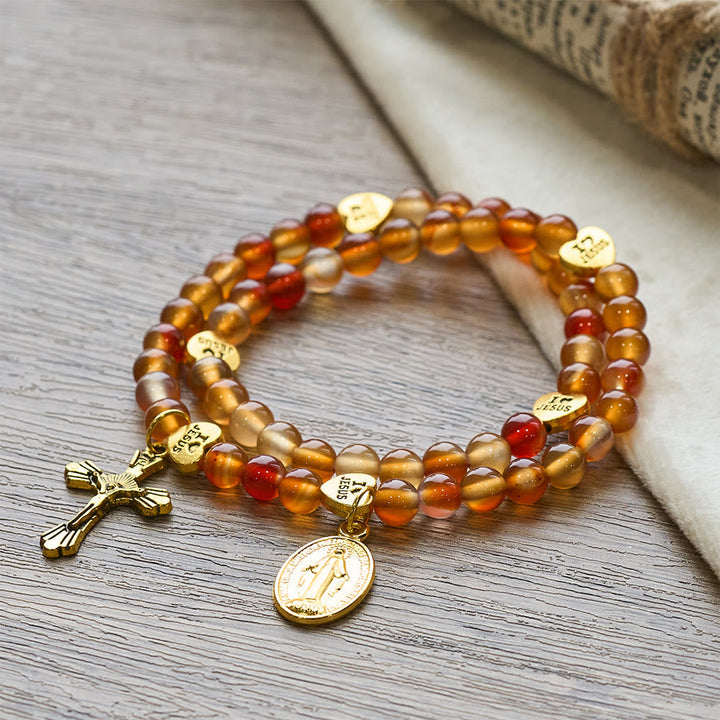 Warm Caramel Rosary Bracelet with JESUS Accent & Our Lady Faith Companion