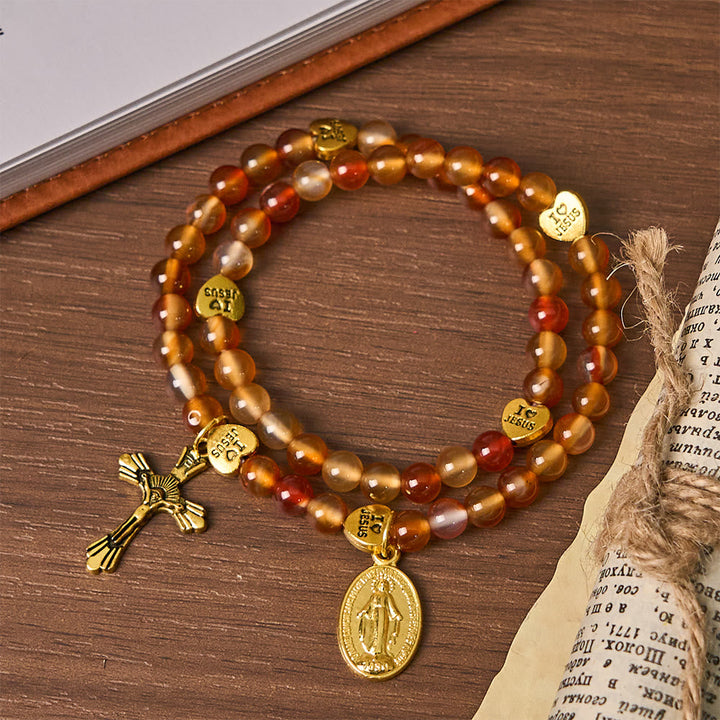 Warm Caramel Rosary Bracelet with JESUS Accent & Our Lady Faith Companion