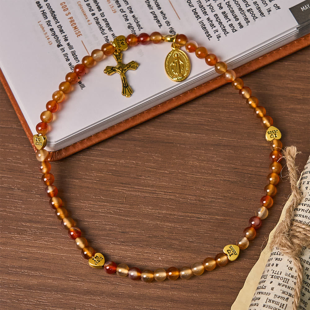 Warm Caramel Rosary Bracelet with JESUS Accent & Our Lady Faith Companion