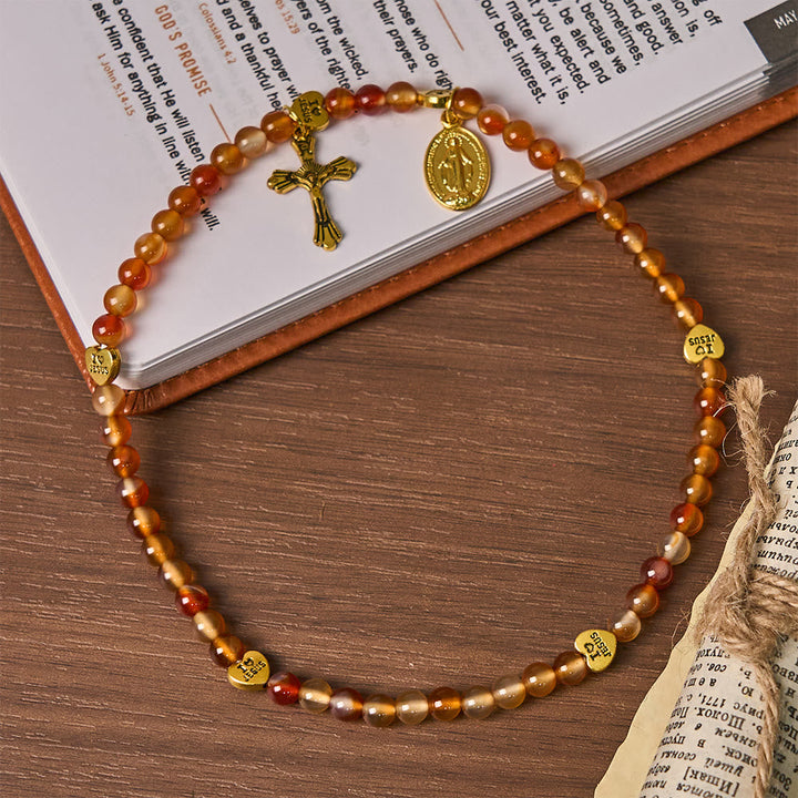 Warm Caramel Rosary Bracelet with JESUS Accent & Our Lady Faith Companion