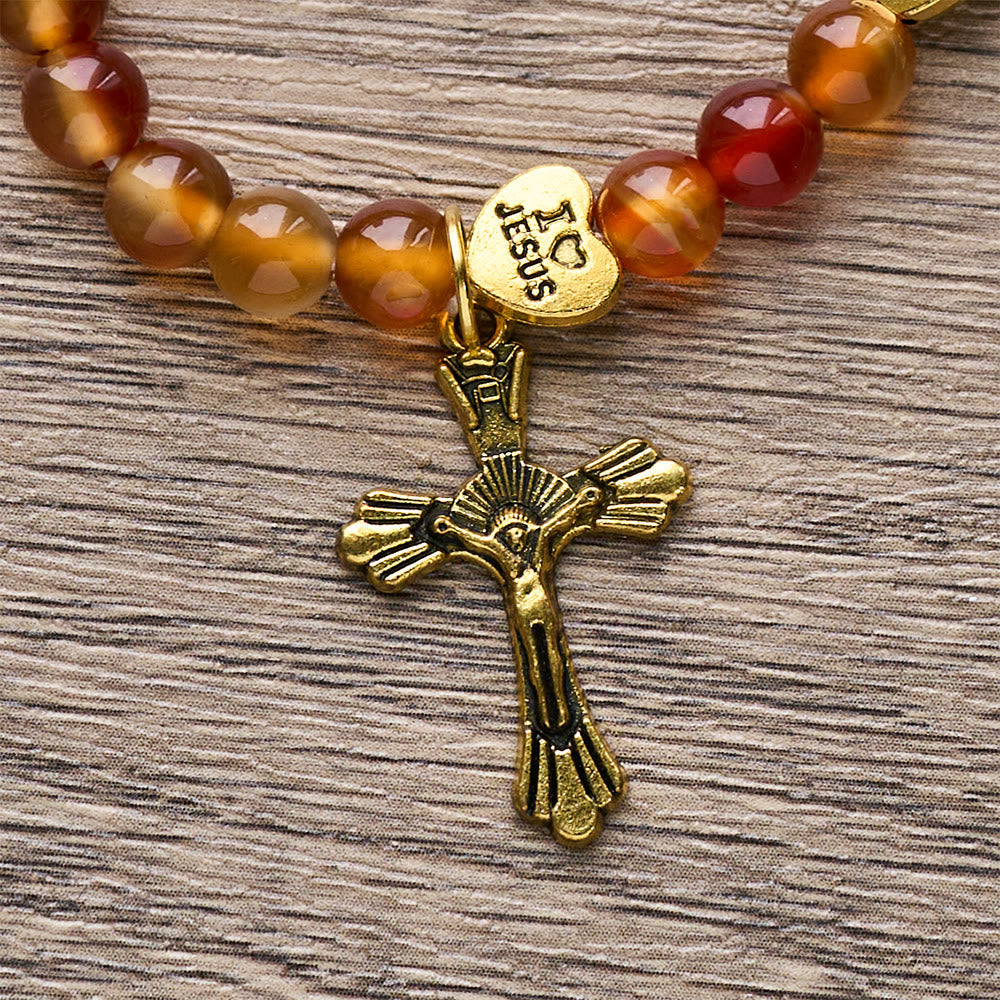 Warm Caramel Rosary Bracelet with JESUS Accent & Our Lady Faith Companion