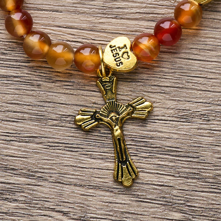 Warm Caramel Rosary Bracelet with JESUS Accent & Our Lady Faith Companion