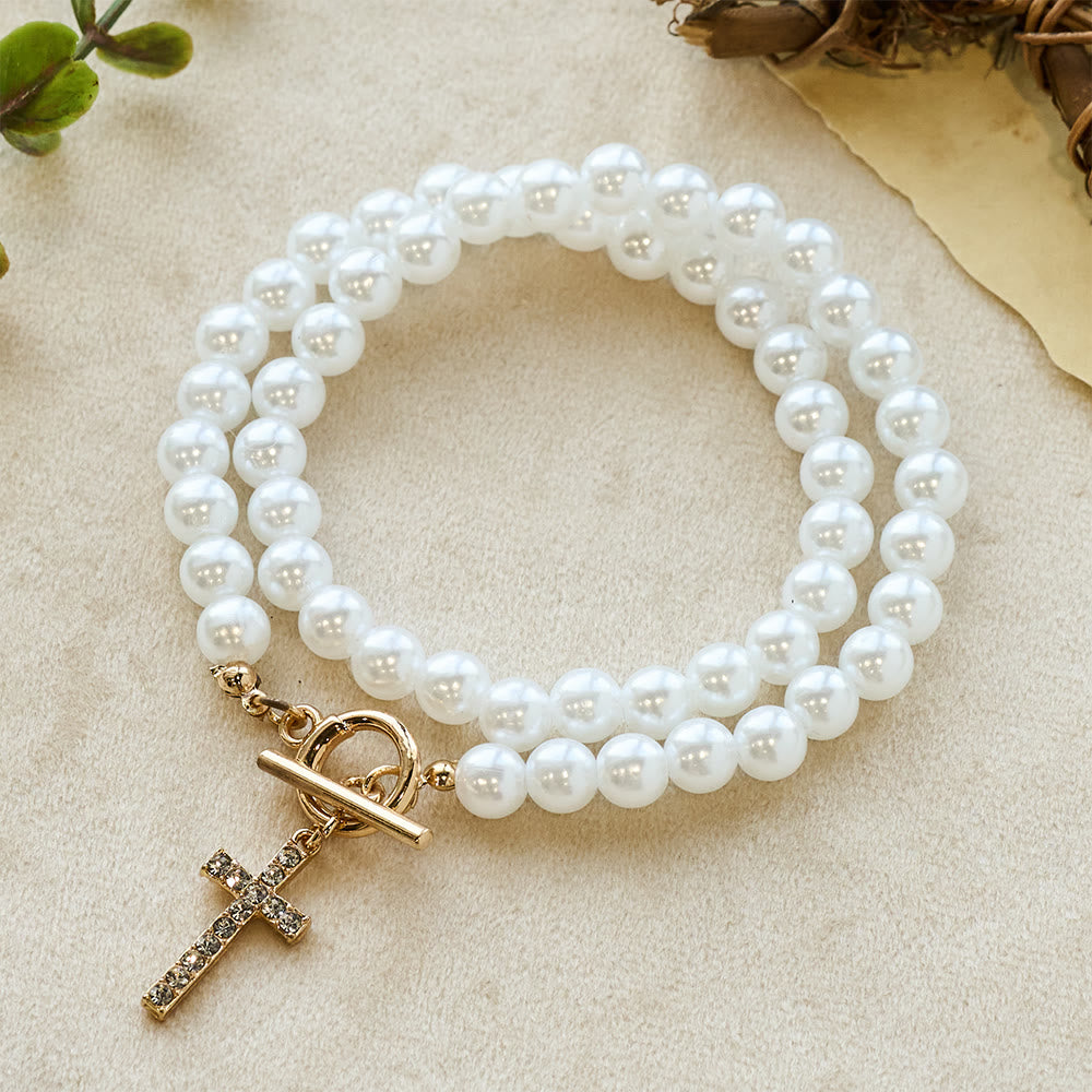 Elegant Beaded Strand Cross Charm Toggle Necklace: Wear His Comfort Daily