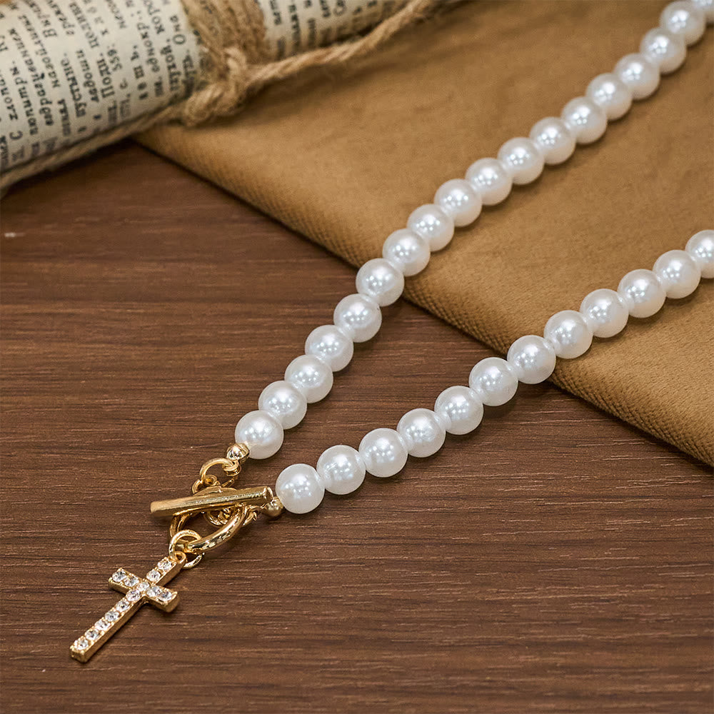 Elegant Beaded Strand Cross Charm Toggle Necklace: Wear His Comfort Daily