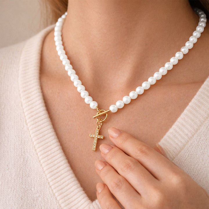 Elegant Beaded Strand Cross Charm Toggle Necklace: Wear His Comfort Daily
