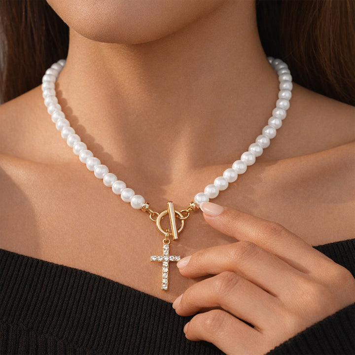 Elegant Beaded Strand Cross Charm Toggle Necklace: Wear His Comfort Daily