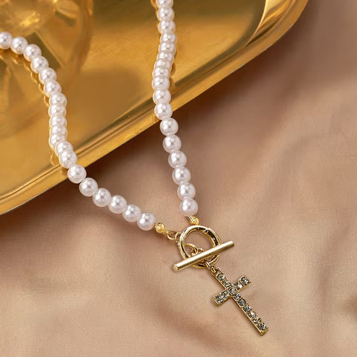 Elegant Beaded Strand Cross Charm Toggle Necklace: Wear His Comfort Daily