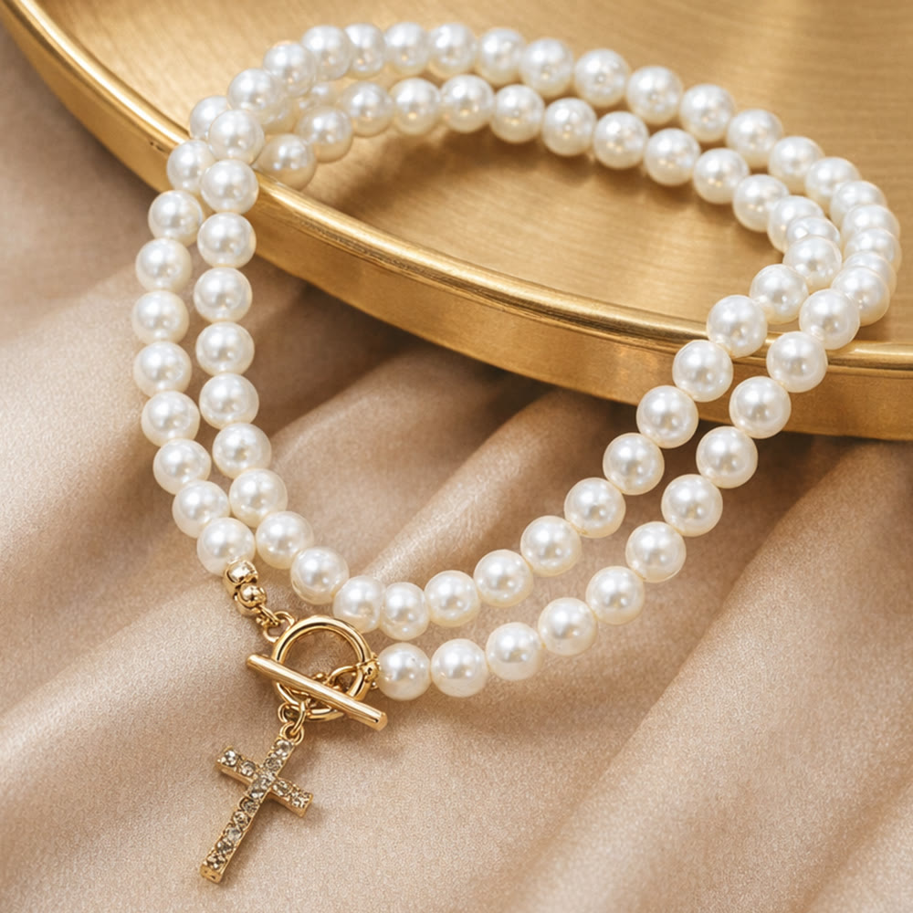 Elegant Beaded Strand Cross Charm Toggle Necklace: Wear His Comfort Daily