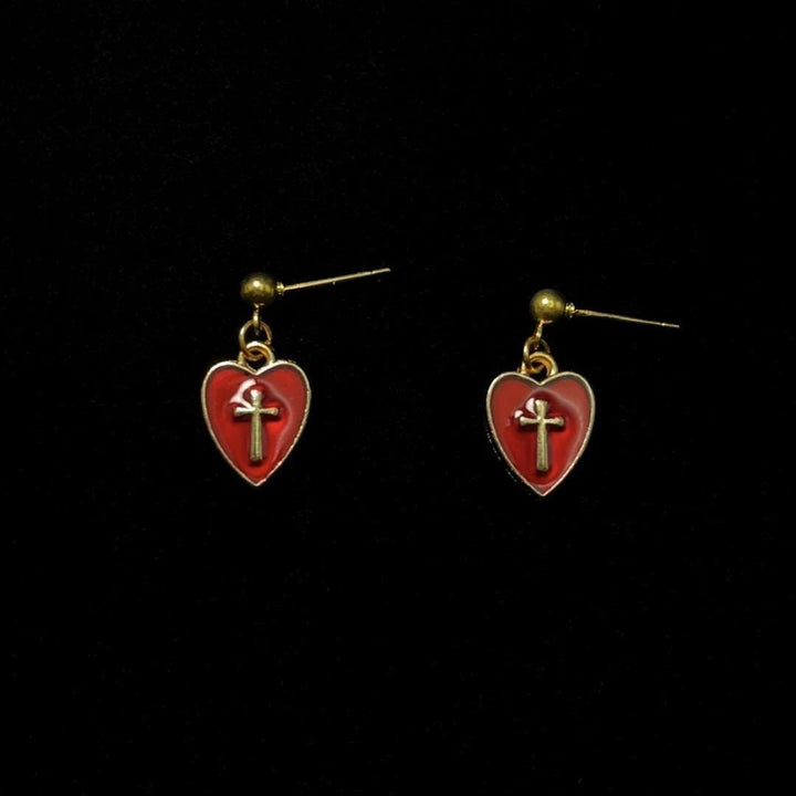 Matching Heart & Cross Charm Necklace & Earrings: Embody His Tender Love