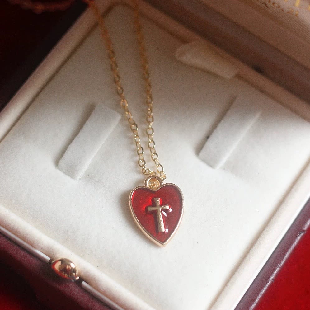 Matching Heart & Cross Charm Necklace & Earrings: Embody His Tender Love