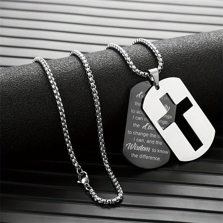 Polished Metal Cross Cutout & Engraved Verse Necklace: Carry His Promise Close Daily