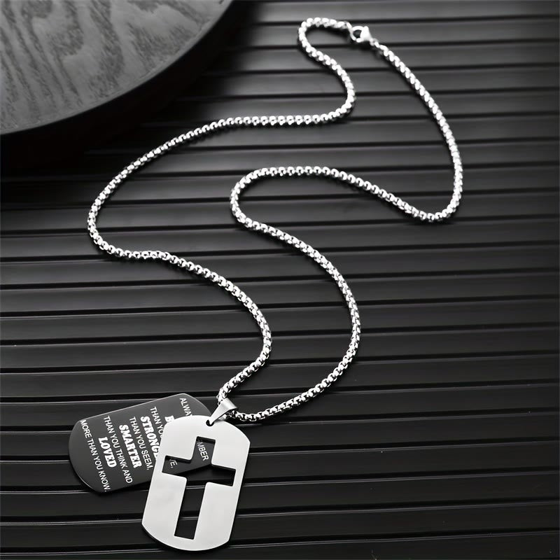 Polished Metal Cross Cutout & Engraved Verse Necklace: Carry His Promise Close Daily