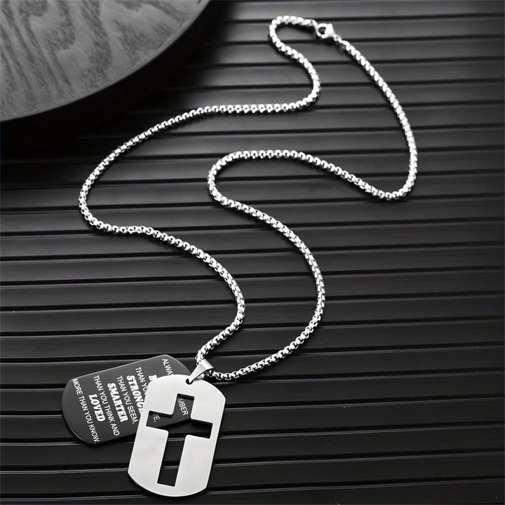Polished Metal Cross Cutout & Engraved Verse Necklace: Carry His Promise Close Daily