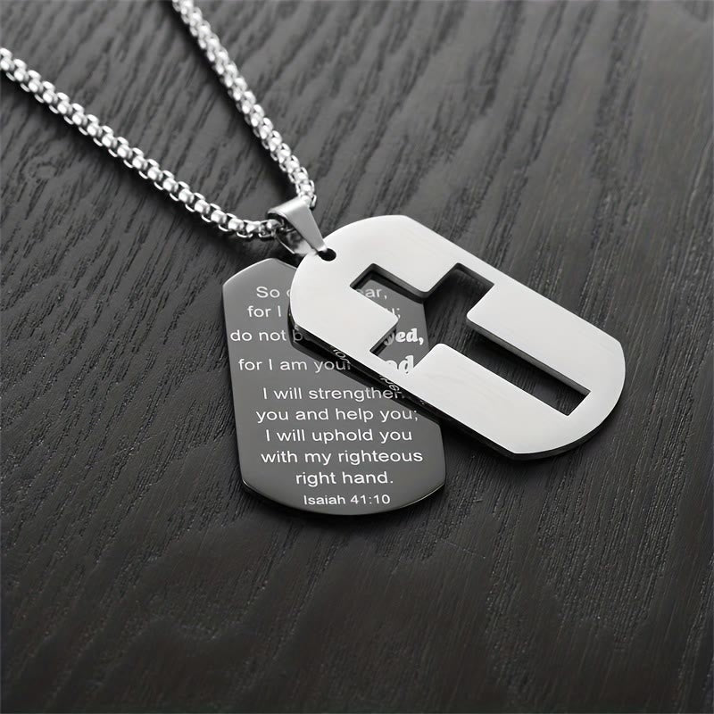 Polished Metal Cross Cutout & Engraved Verse Necklace: Carry His Promise Close Daily