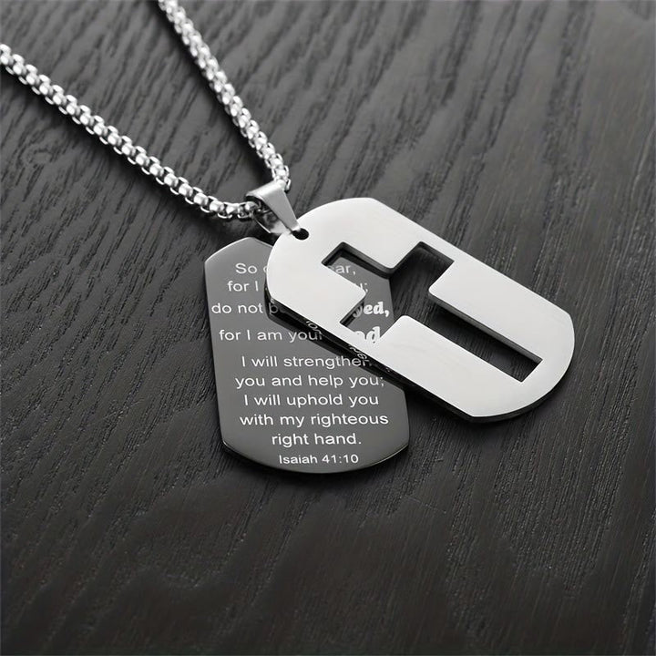 Polished Metal Cross Cutout & Engraved Verse Necklace: Carry His Promise Close Daily