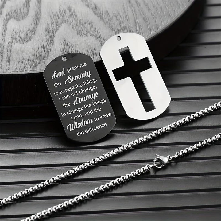 Polished Metal Cross Cutout & Engraved Verse Necklace: Carry His Promise Close Daily