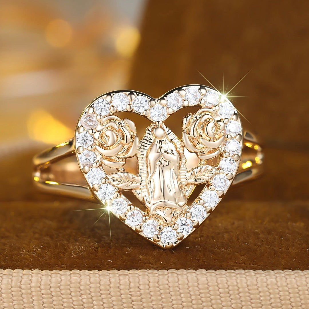 Heart-Shaped Our Lady Motif Ring with Rose Accents: Carry Her Care in Daily Wear