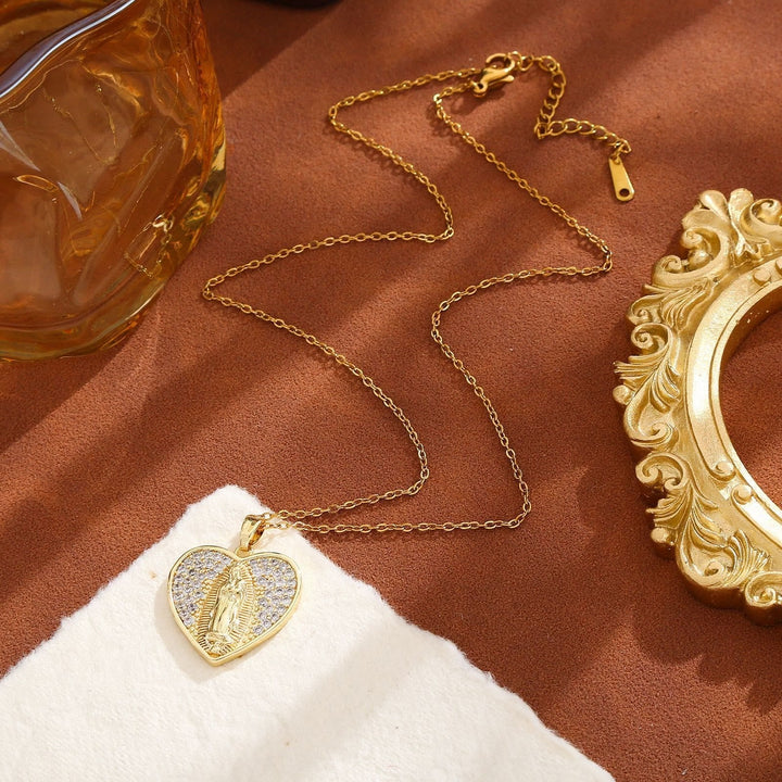 Radiant Our Lady Necklace with Heart-Frame Cubic Zirconia: Carry Her Care in Daily Wear