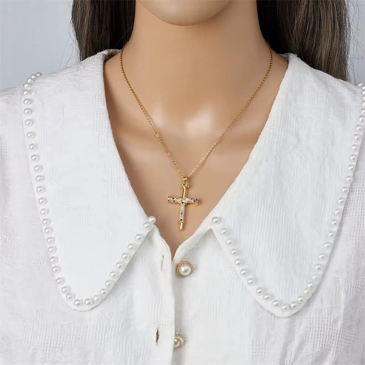 Nail-Inspired Cross Necklace with Cubic Zirconia: Hold His Grace Close