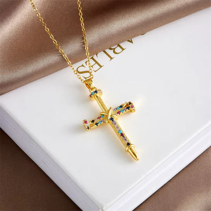 Nail-Inspired Cross Necklace with Cubic Zirconia: Hold His Grace Close