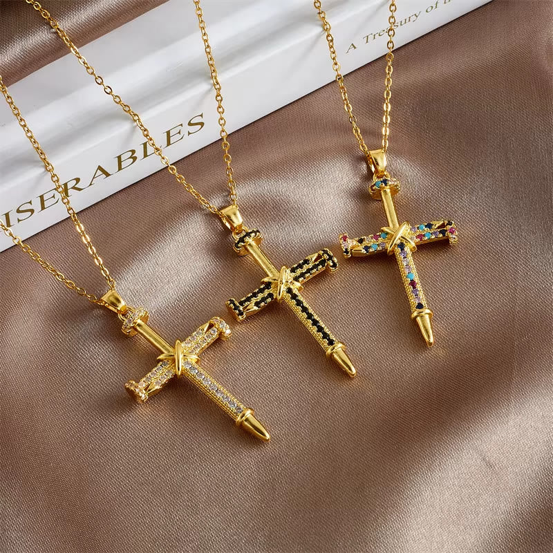 Nail-Inspired Cross Necklace with Cubic Zirconia: Hold His Grace Close
