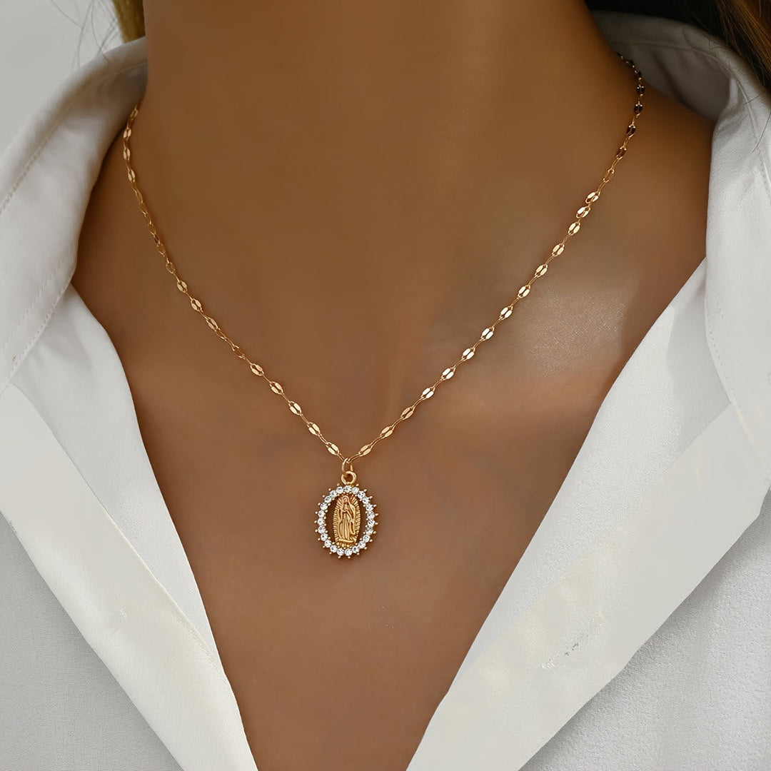Oval Our Lady Necklace with Encircled Cubic Zirconia: Embody Her Tender Grace