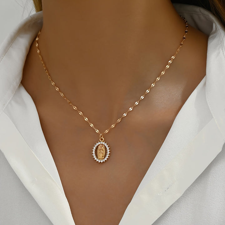 Oval Our Lady Necklace with Encircled Cubic Zirconia: Embody Her Tender Grace