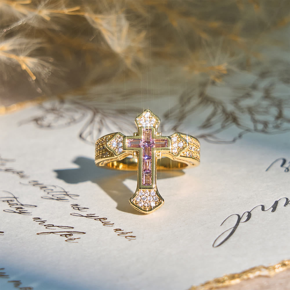 Central Cross Motif Ring with Cubic Zirconia Accents: Carry His Care in Daily Wear