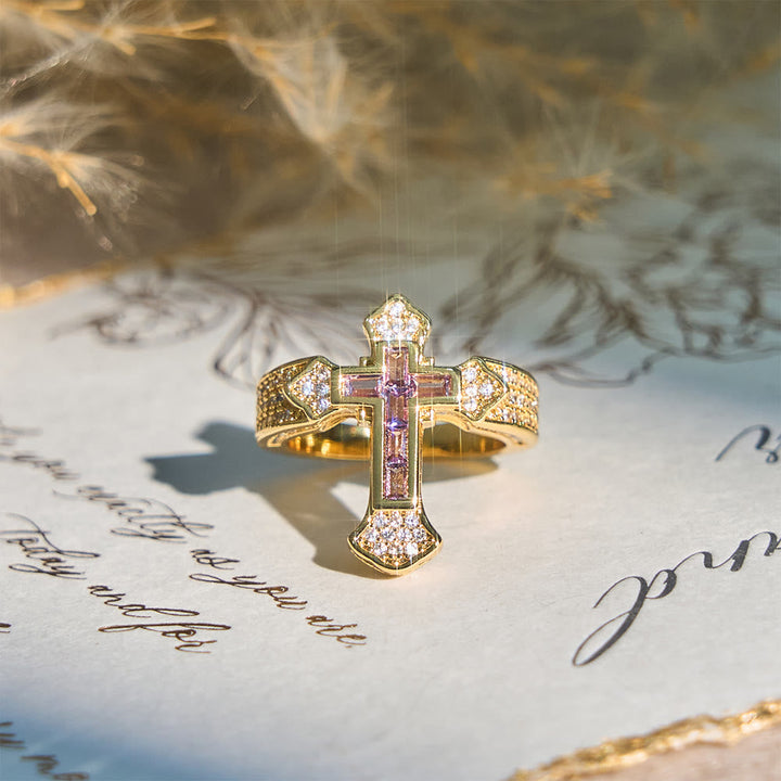 Central Cross Motif Ring with Cubic Zirconia Accents: Carry His Care in Daily Wear