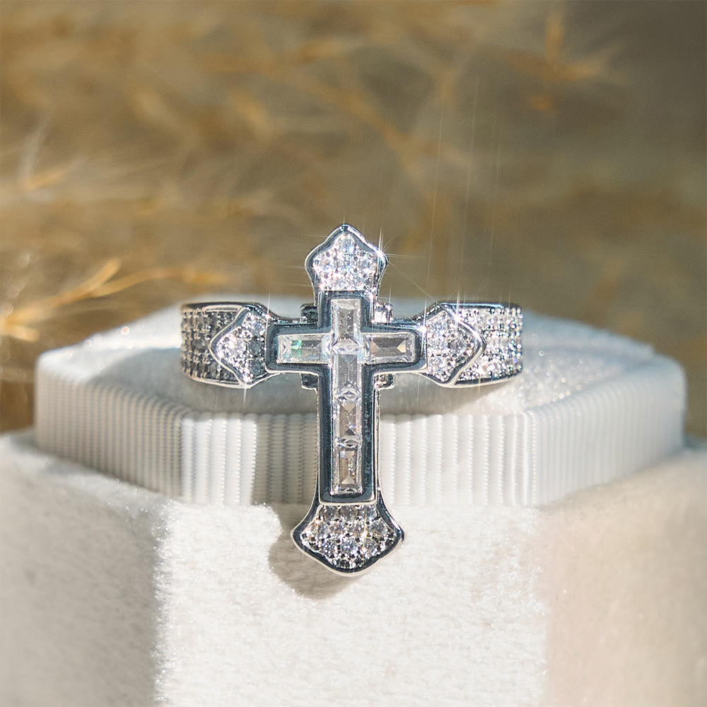 Central Cross Motif Ring with Cubic Zirconia Accents: Carry His Care in Daily Wear