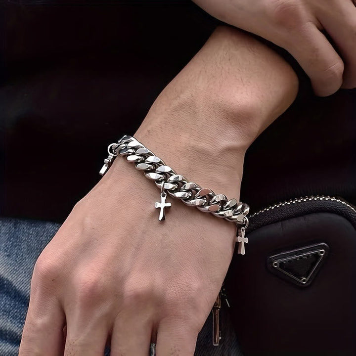 Curb Chain Bracelet with Dangling Cross Charms: Embody His Bold Grace