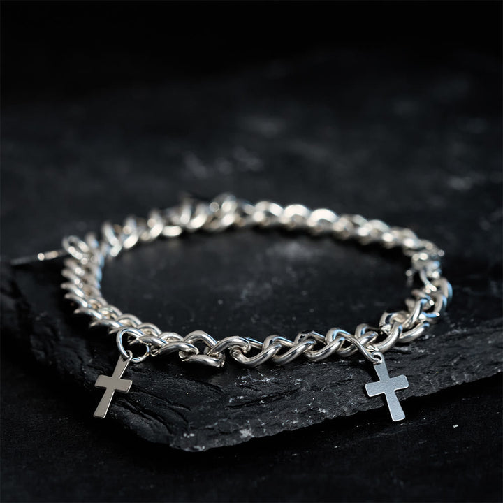 Curb Chain Bracelet with Dangling Cross Charms: Embody His Bold Grace
