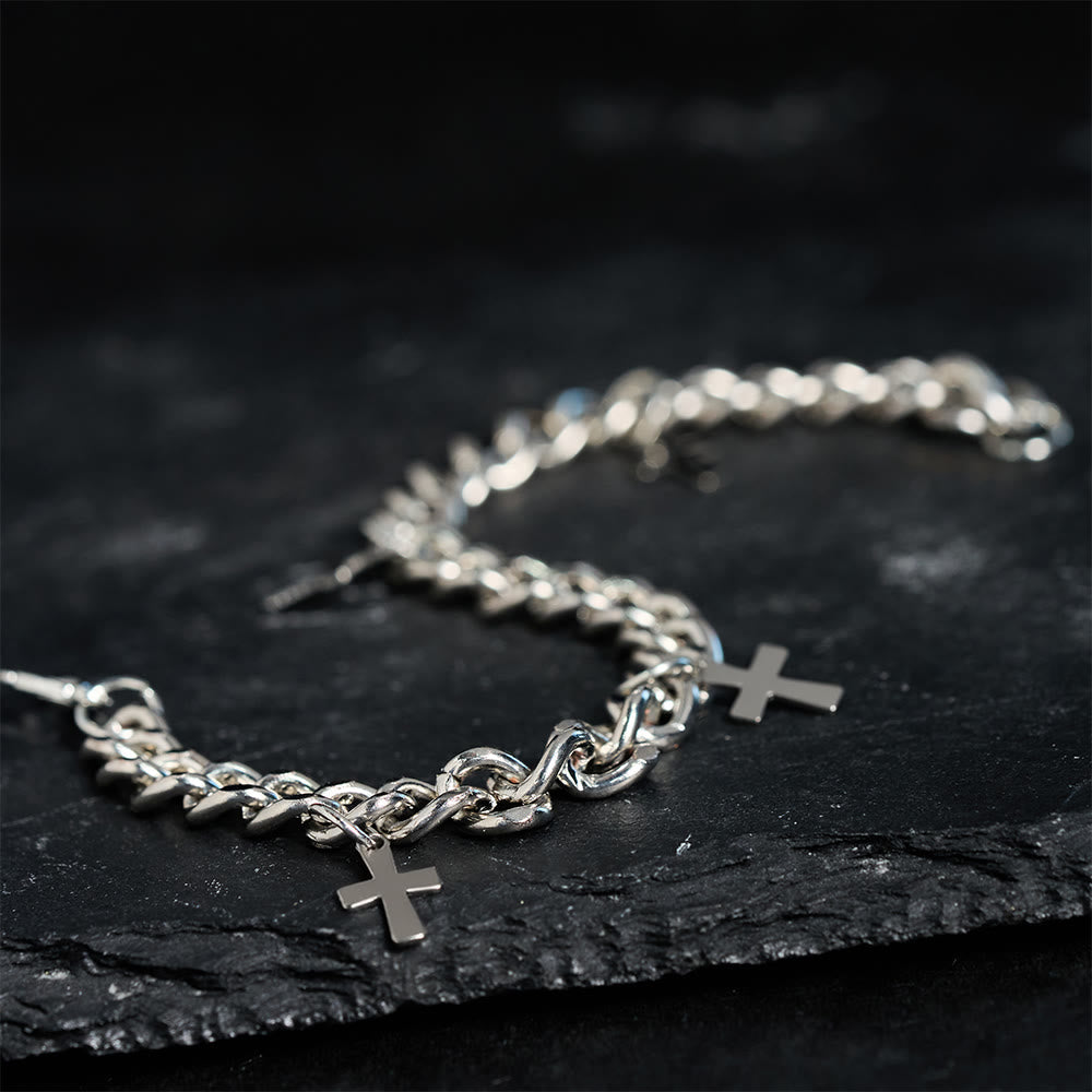 Curb Chain Bracelet with Dangling Cross Charms: Embody His Bold Grace