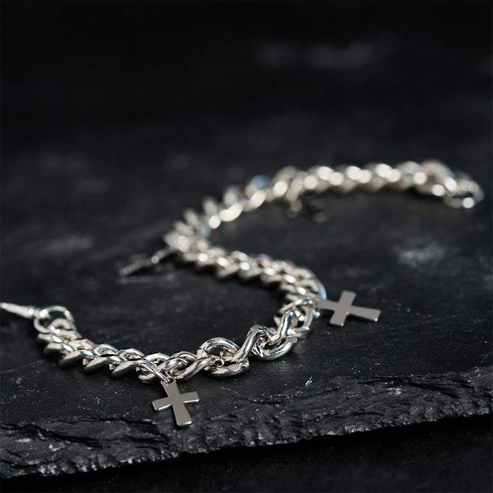 Curb Chain Bracelet with Dangling Cross Charms: Embody His Bold Grace