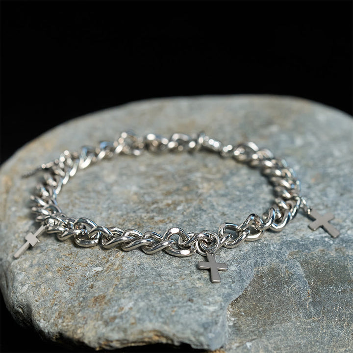 Curb Chain Bracelet with Dangling Cross Charms: Embody His Bold Grace
