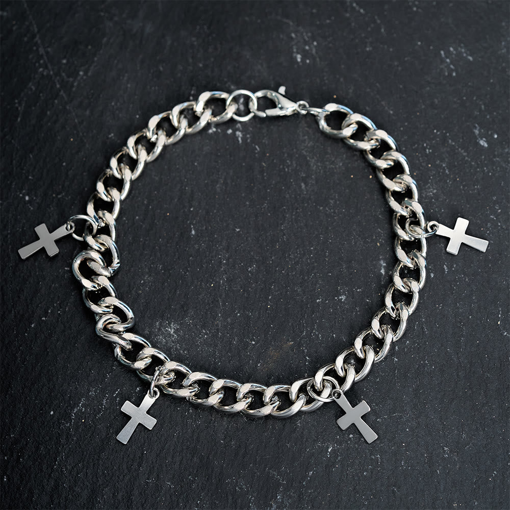 Curb Chain Bracelet with Dangling Cross Charms: Embody His Bold Grace