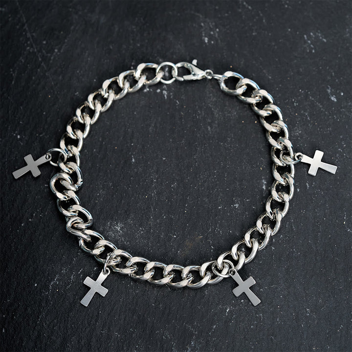 Curb Chain Bracelet with Dangling Cross Charms: Embody His Bold Grace