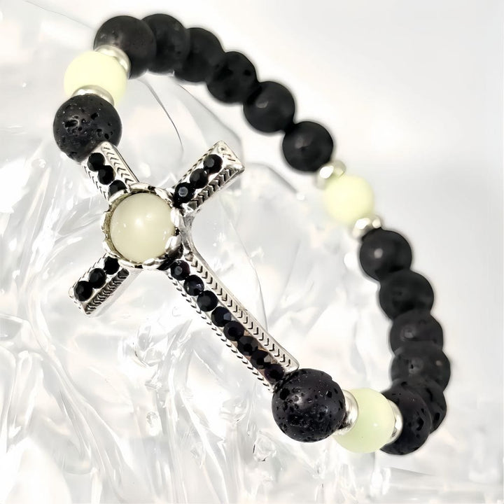 Volcanic Stone Bracelet with Glow-in-the-Dark Cross: Embody His Luminous Grace