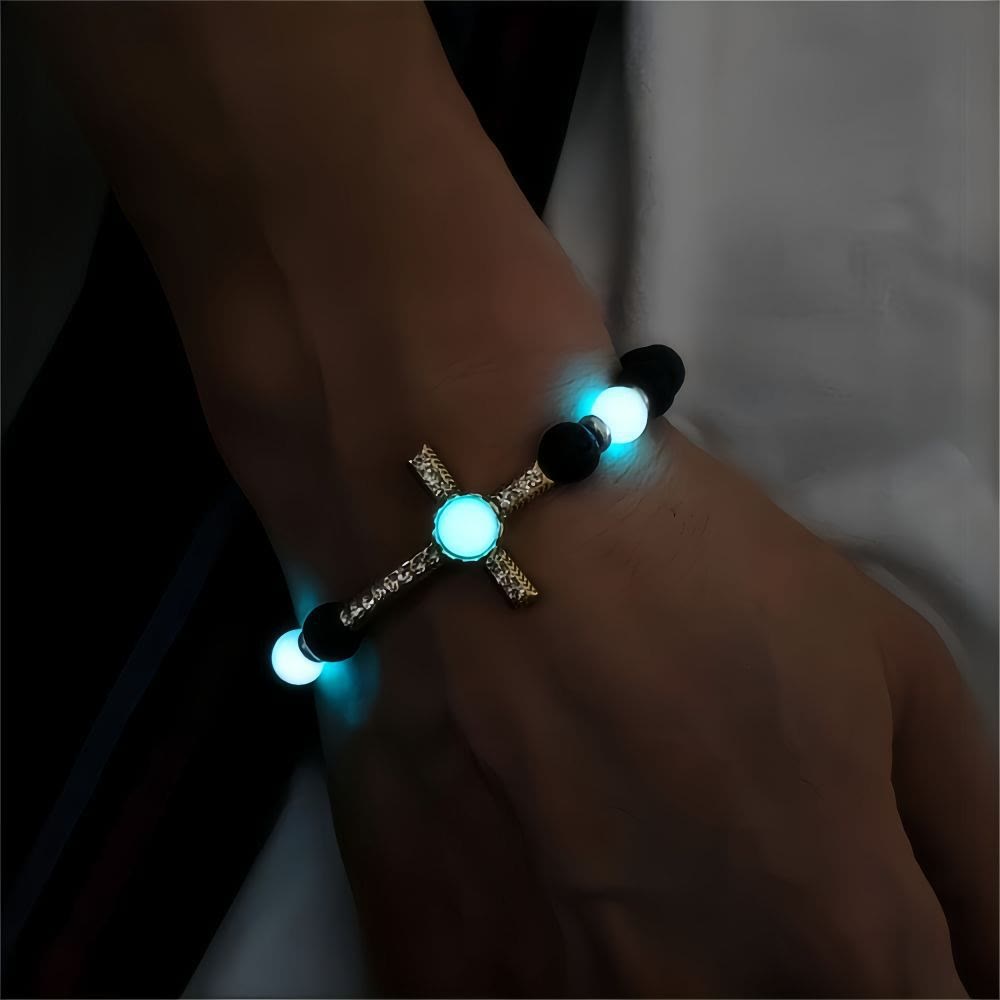 Volcanic Stone Bracelet with Glow-in-the-Dark Cross: Embody His Luminous Grace
