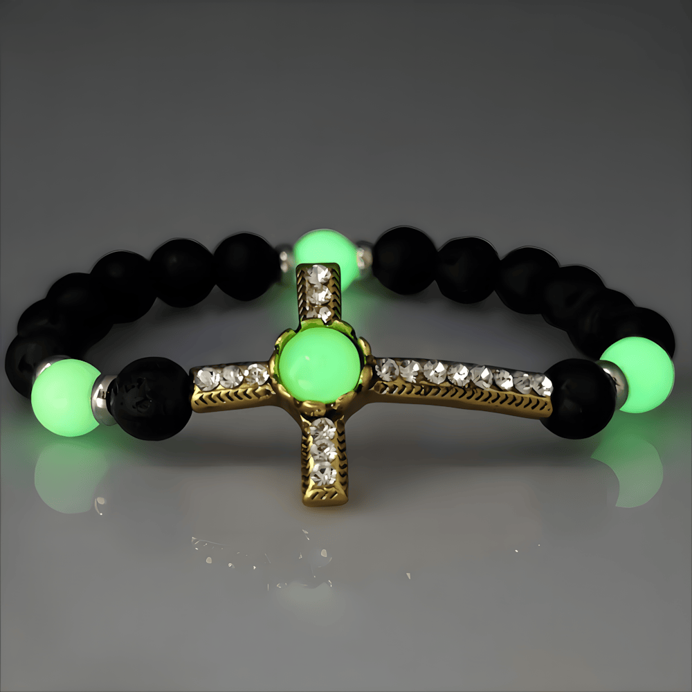 Volcanic Stone Bracelet with Glow-in-the-Dark Cross: Embody His Luminous Grace