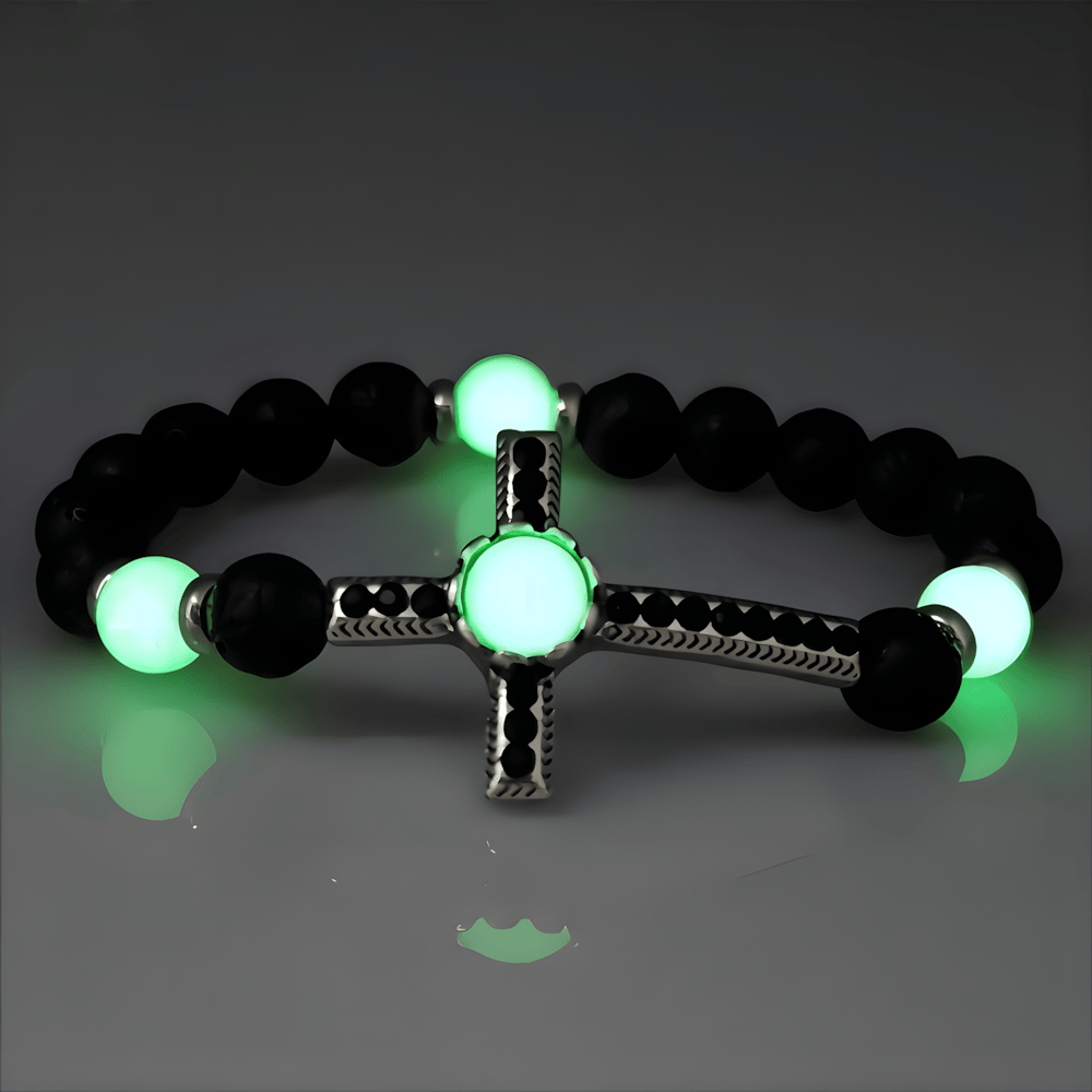 Volcanic Stone Bracelet with Glow-in-the-Dark Cross: Embody His Luminous Grace