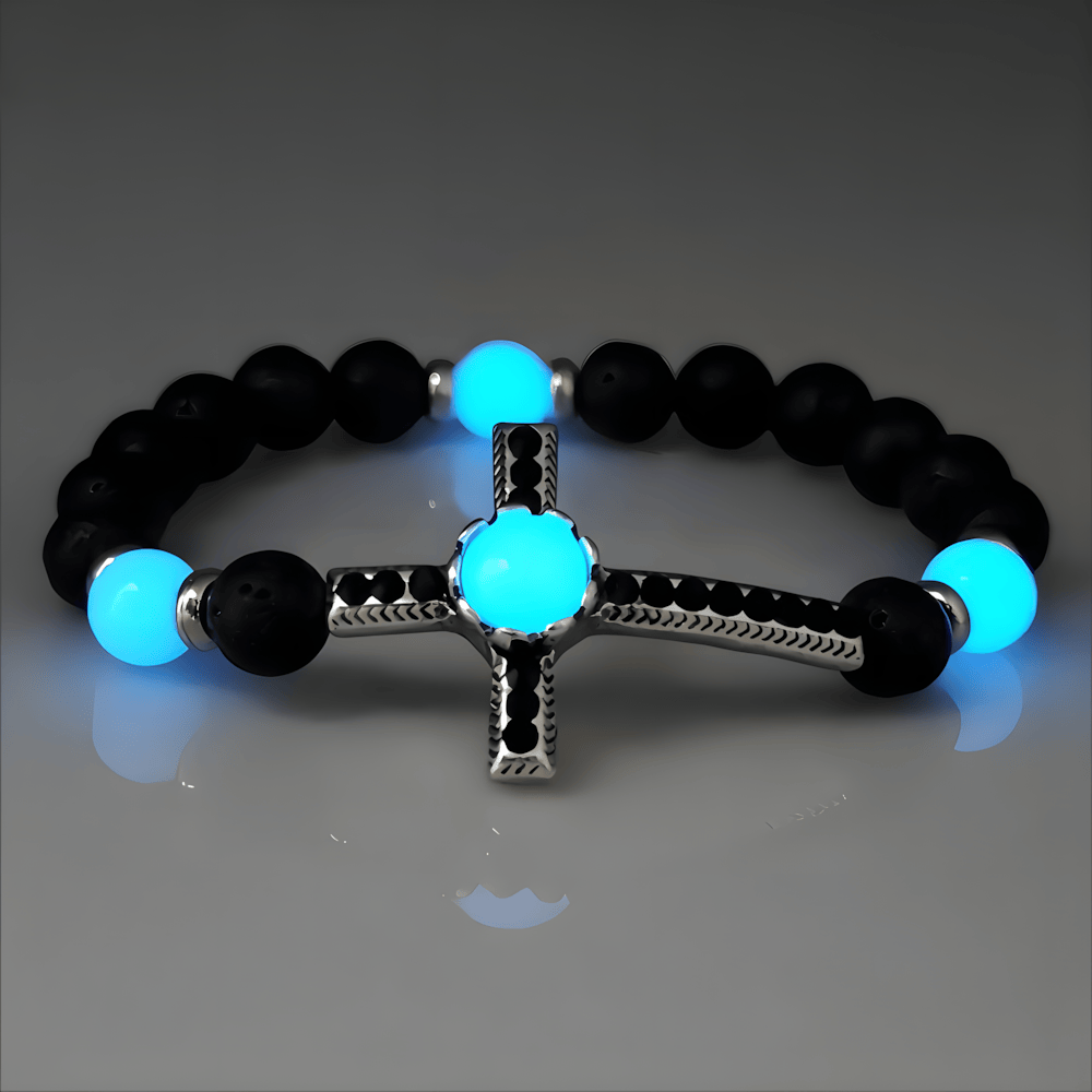 Volcanic Stone Bracelet with Glow-in-the-Dark Cross: Embody His Luminous Grace
